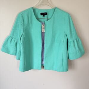 Talbots Flare Ruffle Sleeve Tweed Open Front Blazer Jacket Green Sz 4 New